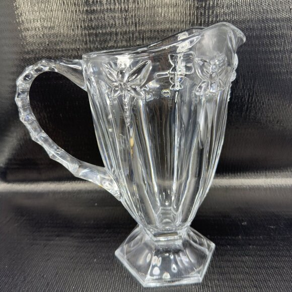 Vintage Clear Thick Heavy Glass Crystal Pitcher Jug Butterfly Dragonfly Pattern - Picture 1 of 14